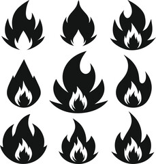 Set of Nine Stylized Flame Icons in Various Shapes and Colors