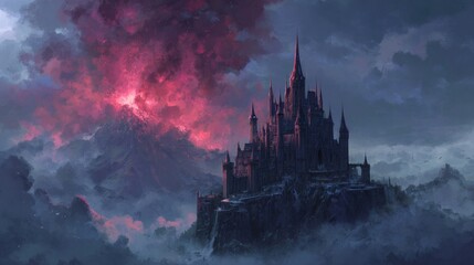 Dark castle atop a misty mountain, volcanic sunset