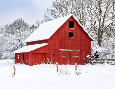 Red barn in winter snow