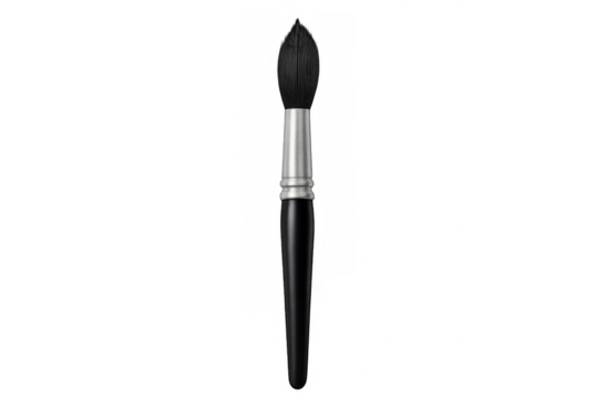 Paint brush with black handle, silver ferrule, pristine bristles resting on transparent surface, waiting for creative artwork