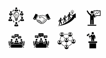 Teamwork and Collaboration Glyph Icons – Business, Leadership, Communication, Brainstorming, Networking Silhouette Set

