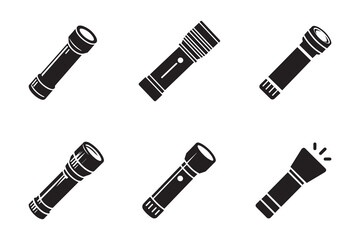 Set of Flashlight Vector Icons – Black Torch Silhouettes Collection for Emergency and Outdoor Equipment Design