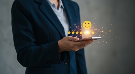 Five-Star Customer Satisfaction: Businessperson Holding Smartphone with Glowing Emoji and Rating