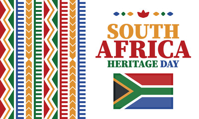 South Africa Heritage Day. Happy holiday. Celebrate culture and traditions of nation. South African flag. Poster with illustration. Pattern design. Vector