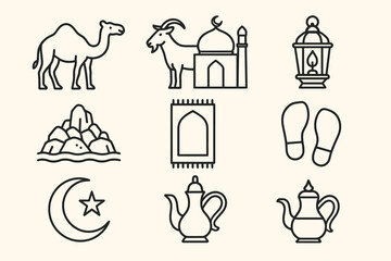 Fototapeta premium Islamic symbols: mosque, camel, teapot, lantern, crescent moon, prayer rug