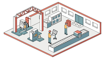 Isometric view of a factory floor with machinery and workers operating equipment and moving boxes