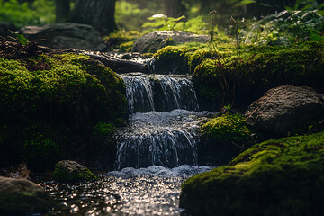 Obraz premium Mountain Spring Flowing Over Mossy Rocks in Dark Forest