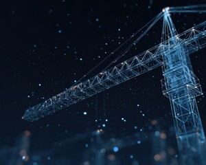 Futuristic digital crane wireframe representing the technological revolution in the construction industry and smart building innovation.