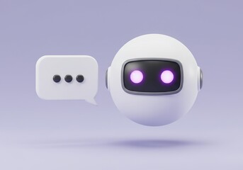 3d rendering of a white spherical ai robot head with a chat bubble on a lavender background.