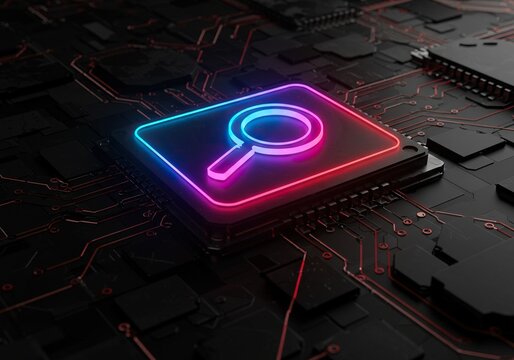 Glowing neon magnifying glass icon on a futuristic circuit board, symbolizing search and data analysis.