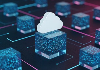 Cloud computing concept with data flowing between digital storage blocks in a futuristic network