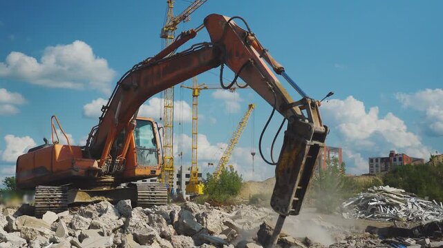 Excavator with hydraulic hammer works on construction site. Concept of demolition, dismantling of old housing and construction of new apartment buildings. Excavator, crusher machine destroys old house