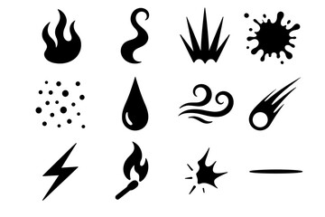 Set of black elemental symbols: fire, water, air, and more
