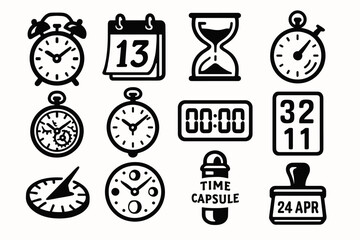 Time icons: clocks, calendars, hourglasses, stopwatch, timers, compass, date stamps