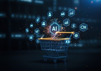 Ai-powered shopping cart with futuristic digital commerce and technology network