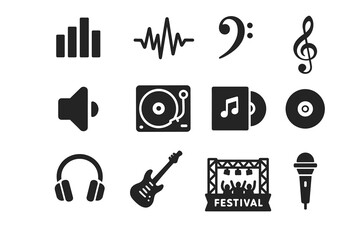 Obraz premium Music icons collection: headphones, guitar, microphone, festival, notes, and more