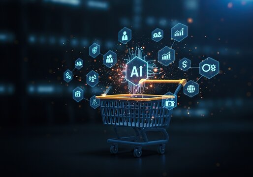 Ai-powered shopping cart with futuristic digital commerce and technology network