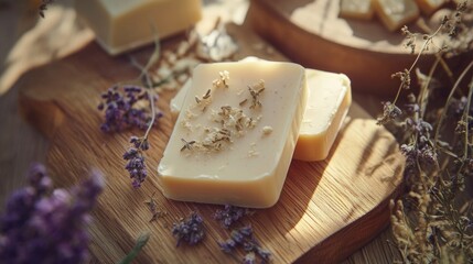 Natural soap bars with lavender and wooden background in organic self-care and wellness theme