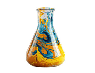 Abstract flask filled with swirling colors.  A transparent glass flask, bulbous shape,  is filled with vibrant orange, yellow, and blue swirling liquids