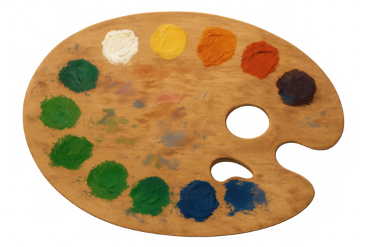 Wooden artist's palette with colorful oil paints showing creative process on a transparent background