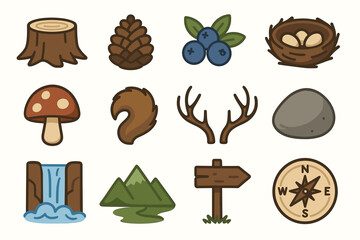 Nature icons collection: stump, pinecone, blueberries, nest, mushroom, antlers, compass