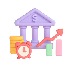 3d bank with clock icon isolated on transparent background. banking or time management concept