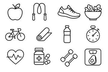 Fitness and wellness icons: exercise, nutrition, health, and weight management symbols