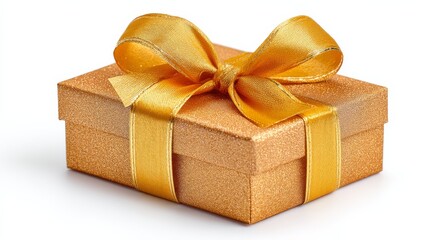 Obraz premium Shiny Gold Wrapped Gift Box with Elegant Ribbon on a White Background