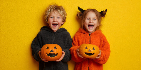 Two joyful children celebrate Halloween, holding carved pumpkins against a bright yellow backdrop, showcasing festive spirit.