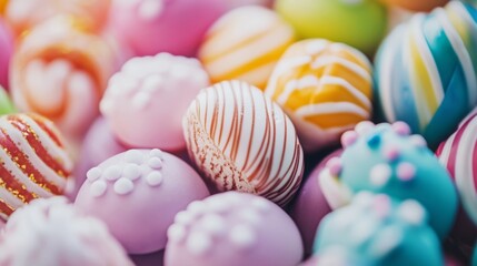 Colorful candy coated round sweets in pastel tones creating a vibrant playful sugar composition