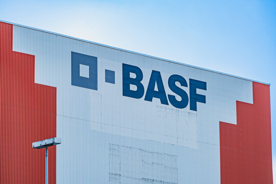BASF chemical producer company logo on the exterior of a warehouse building