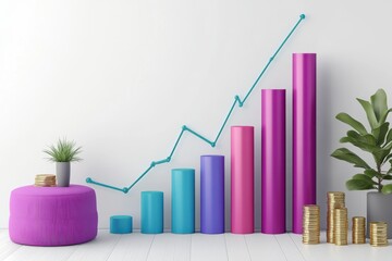 A rising bar graph with coins and plants symbolizing financial growth