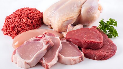 Assorted Raw Meats and Whole Chicken with Parsley Garnish beef pork