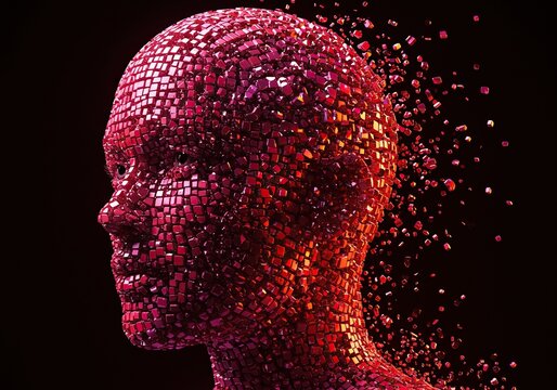 Abstract human head made of red fragmented particles dissolving on a dark background, digital art - Powered by Adobe