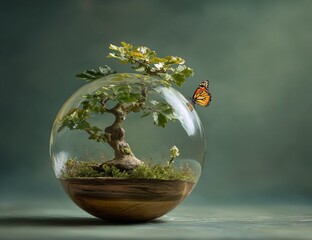 Surrealistic style, glass ball with a miniature green tree inside on a wooden stand, an orange butterfly flying above the tree, light background, green gradient background, studio shot, close-up view