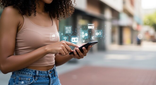 Mobile Payment Technology: Young Woman Using Smartphone for Cashless Transactions in City