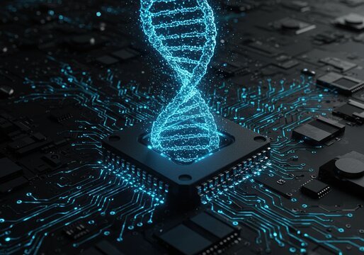 Digital dna: a luminous genetic structure intertwines with a microchip, illustrating advanced biotech.