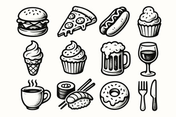 Black and white icon set of classic foods and drinks including pizza and wine