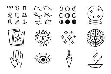 Astrology and divination symbols set: zodiac, constellations, tarot, and fortune-telling icons