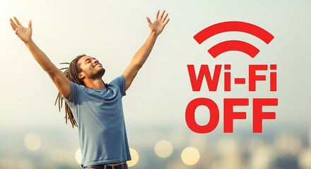 A person joyfully celebrates being without wifi connection. 