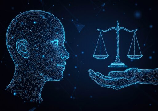 Artificial intelligence and justice concept with wireframe human head and scales