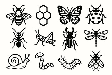 Obraz premium Assorted insect icons: bee, butterfly, ladybug, ant, and more