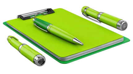Green notebook and pen on desk, essential tools for notes, organization, productivity