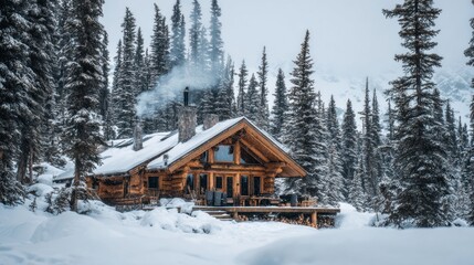 Cozy log cabin nestled in snowy woods