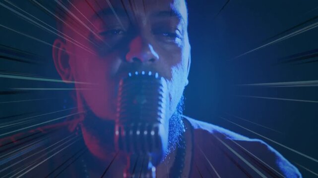 Male singer singing into vintage microphone activating radial light streak effects in music studio