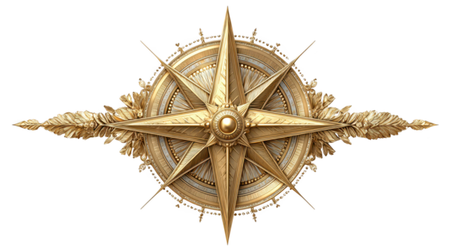 Golden compass on a black background, symbol of navigation, direction, and guidance
