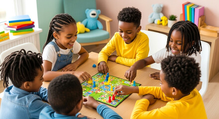 Group of joyful elementary school children playing board game together