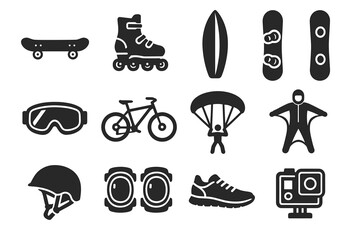 Adventure sports icons collection: skate, surf, snowboard, bike, parachute