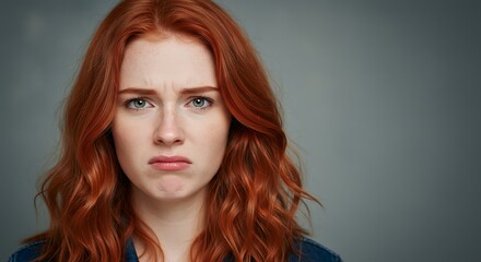 Fototapeta premium A young woman with red hair exhibits a displeased expression. 