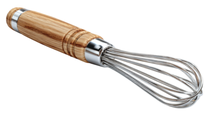 Closeup of a wooden handle with attached metal whisk for kitchen use, culinary essential
